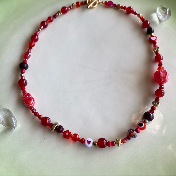Queen of Hearts Red Beaded Necklace Mixed Beads Heart Flower Evil Eye Gold Glass - Picture 4 of 10